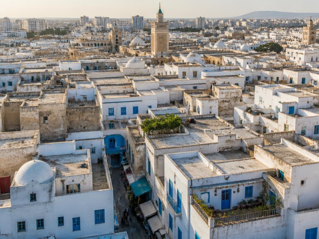 Vue aérienne des toits blancs et des portes bleues de la médina de Tunis